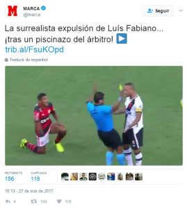 Jornal Marca-ESP diz que expulsão de Luis Fabiano foi “surreal” e que árbitro fez um “Piscinaço”