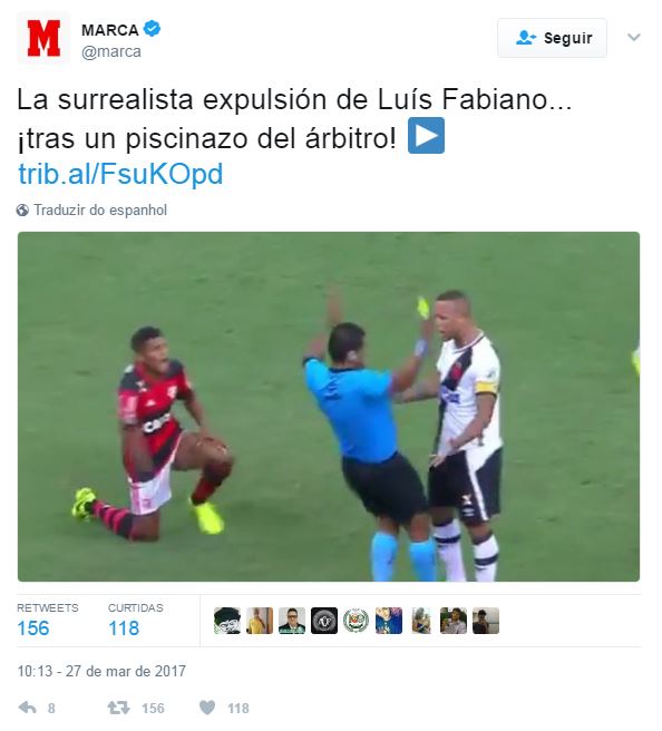 Jornal Marca-ESP diz que expulsão de Luis Fabiano foi “surreal” e que árbitro fez um “Piscinaço”