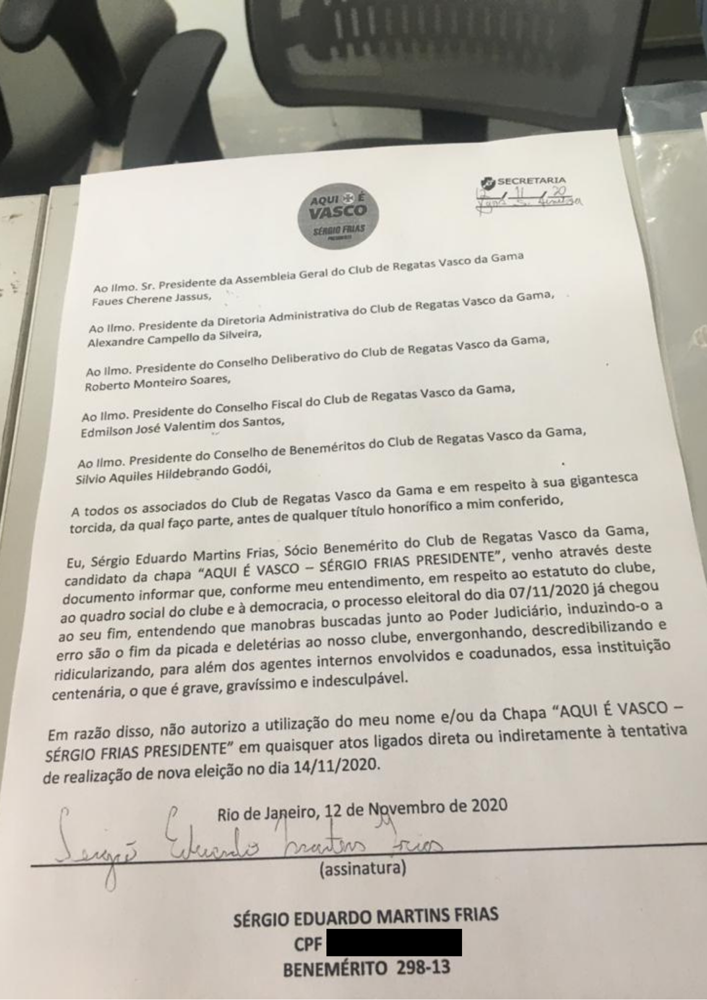 Sérgio Frias protocola carta criticando tentativa de nova eleição no Vasco: “gravíssimo e indesculpável”